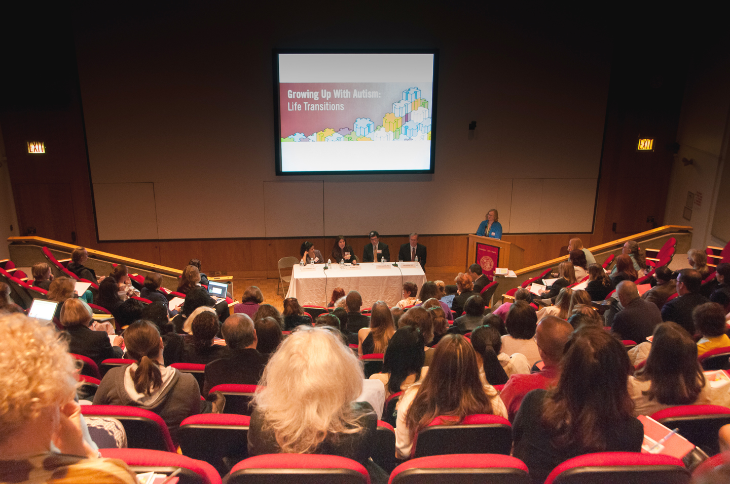 A panel focusing on basic science research into autism spectrum disorders and brain development answer questions during the second annual Autism Symposium. From left to right: Dr. Anjali Rajadhyaksha, Dr. B.J. Casey, Dr. Francis Lee, Dr. John Walkup and Dr. Catherine Lord Photo credit: Amelia Panico