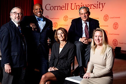 Panelists for the Jan. 18 "Health Care Today, Implications for Tomorrow" discussion, from left, Dr. Philip R. Reilly '69 (moderator); Ruben J. King-Shaw Jr. '83; Dr. Laurie H. Glimcher, dean of Weill Cornell Medical College and Cornell's provost for medical affairs; Gene D. Resnick '70, M.D. '74; and Dr. Katrina S. Firlik '91. Photo credit: Lindsay France/University Photography