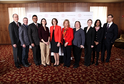 Dr. Laurie H. Glimcher, U.S. Rep. Carolyn Maloney, and state and local elected officials, as well as physicians, scientists, patients and medical students at a press conference about sequestration hosted at Weill Cornell Sunday. All photos: Richard Lobell