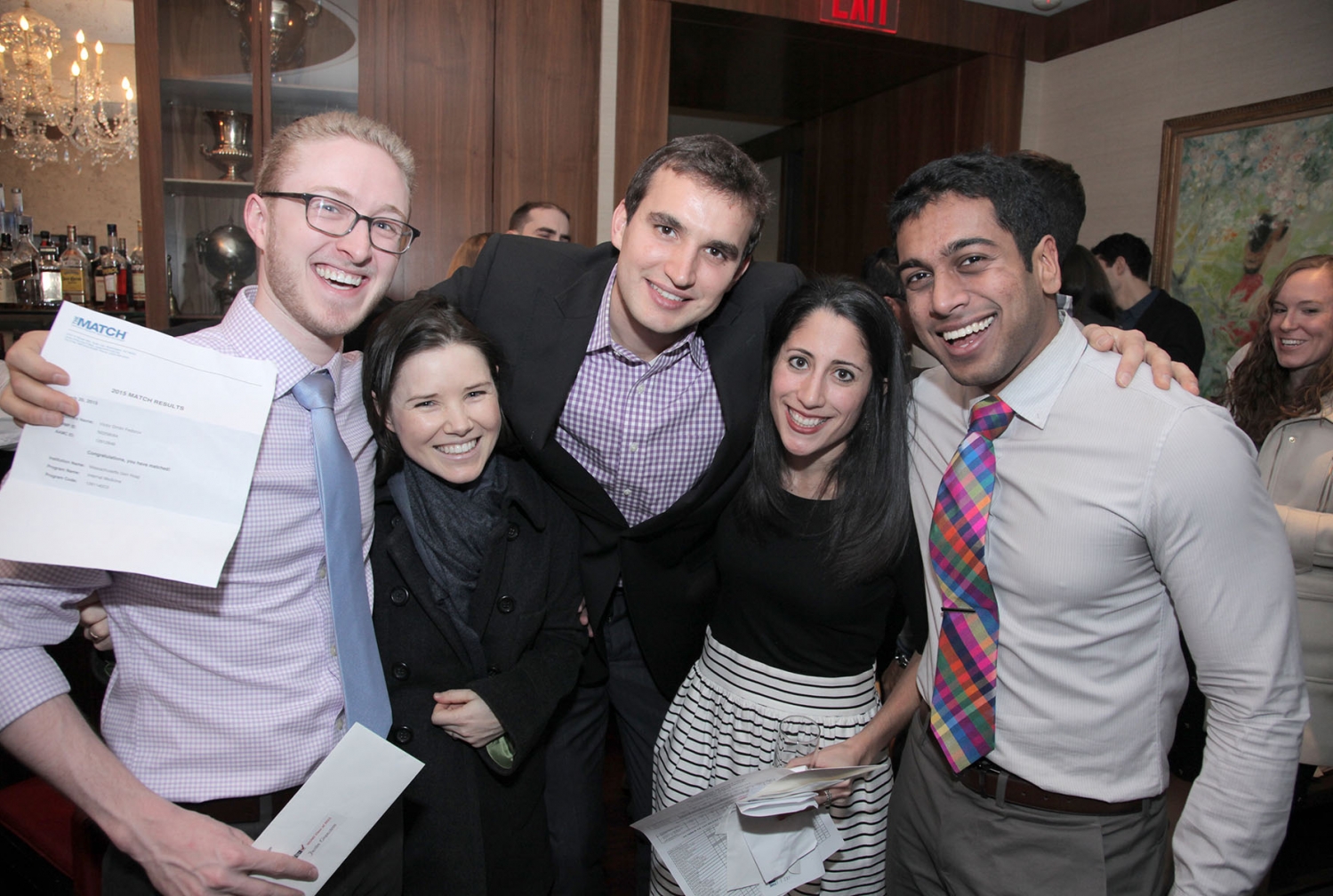 Graduating medical students celebrate their residency matches during Match Day. From left to right: Justin Granstein, Rachel Niece, Victor Fedorov, Ana Pacheco-Navarro and Nikhil Shankar.  All photos: Ira Fox