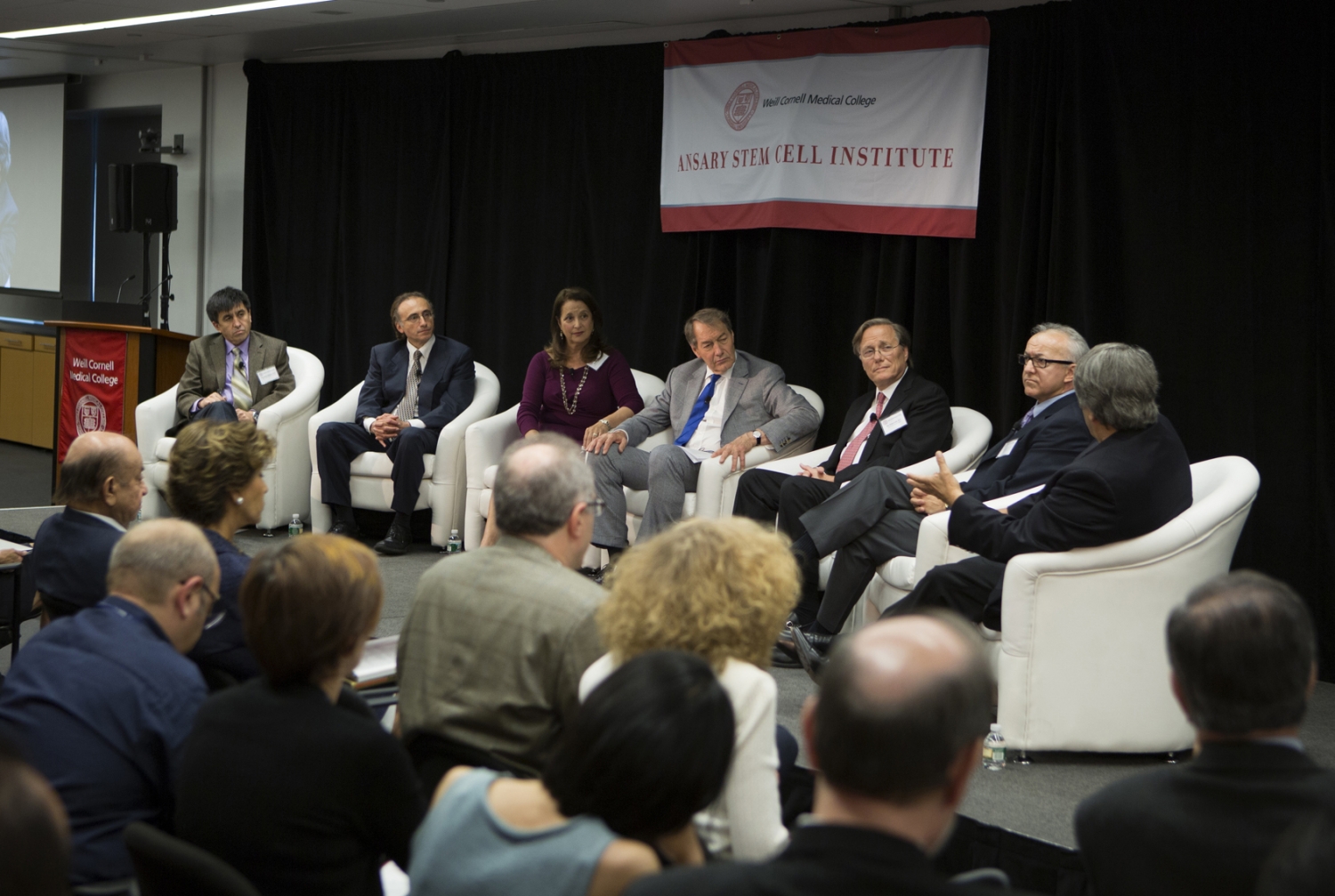 A roundtable hosted by broadcast journalist Charlie Rose was the marquee session of the Ansary Symposium on Stem Cell Research. From left, Dr. Shoukhrat Mitalipov, Dr. Shahin Rafii, Susan Solomon, Rose, Dr. Zev Rosenwaks, Dr. George Daley and Dr. Alan Trounson.  All photos: Janet Charles