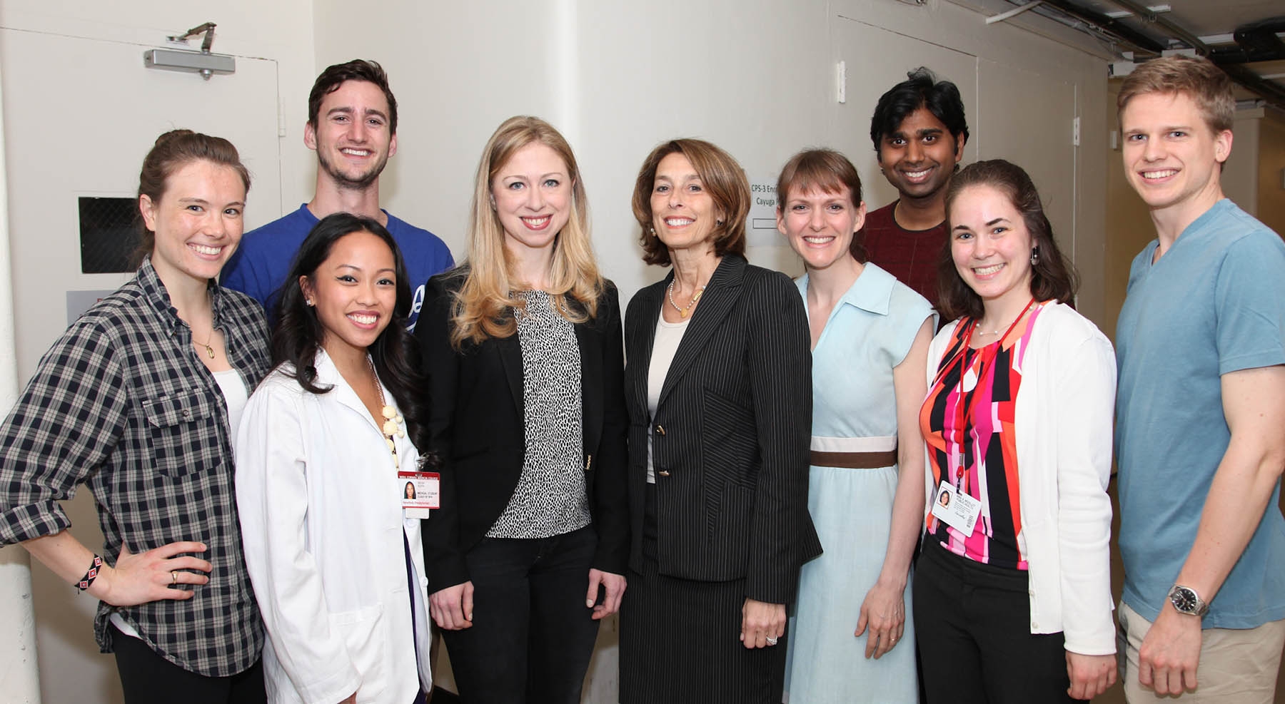 Dr. Laurie Glimcher, dean of Weill Cornell, and members of the Weill Cornell Global Health Curriculum student board pose with Chelsea Clinton. Front row, left to right: Carmen Stellar, Milna Rufin, Will Shrauner, Chelsea Clinton, Dr. Laurie Glimcher, Nichole Goodsmith, Sandeep Kishore, Nina Woolley and Justin Haseltine.  Photo credit: Chloe Apple Seldman/ Ira Fox