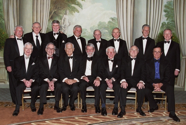 Past Greenberg Award recipients, event co-chairs, and leadership: Dr. Donald Fischman, Dr. Herbert Pardes, Arthur Mahon, Dr. O. Wayne Isom, Dr. R.A. Rees Pritchett, Maurice Greenberg, Dr. Peter Guida and Dr. Antonio M. Gotto Jr.; and (bottom row, from left) Dr. E. Darracott Vaughan, Dr. Ralph Nachman, Dr. Isadore Rosenfeld, Dr. Fred Plum, Dr. D. Jackson Coleman and Dr. John Savares