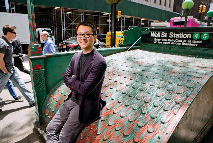 Investing in the Future: Dr. Ting Jia outside the Wall Street subway station in Lower Manhattan. Photo credit: John Abbott