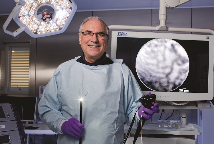 Dr. David Carr-Locke with the type of endomicroscopy equipment he used to help identify the interstitium.