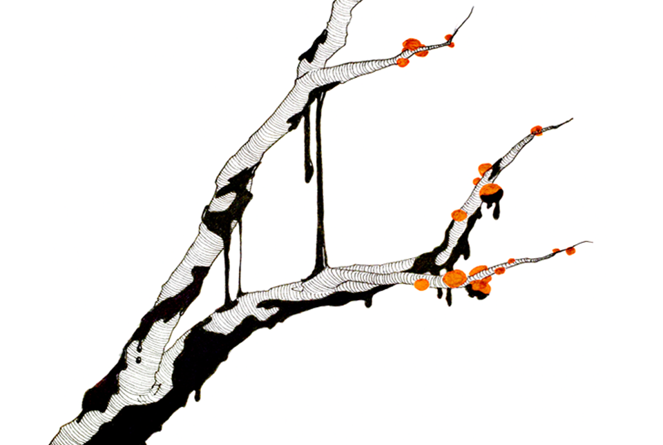 illustration of tree with black infestation spreading and orange fruit