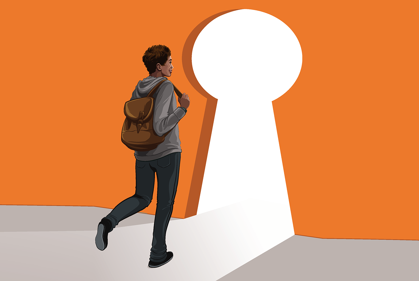 Illustration of a student walking through a key-shaped door.