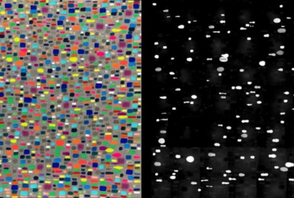 A painting incorporating carbon nanotubes was photographed in normal light with a standard camera (left) and under yellow light with a near-infrared camera (right). (Credit: Joseph Cohen)