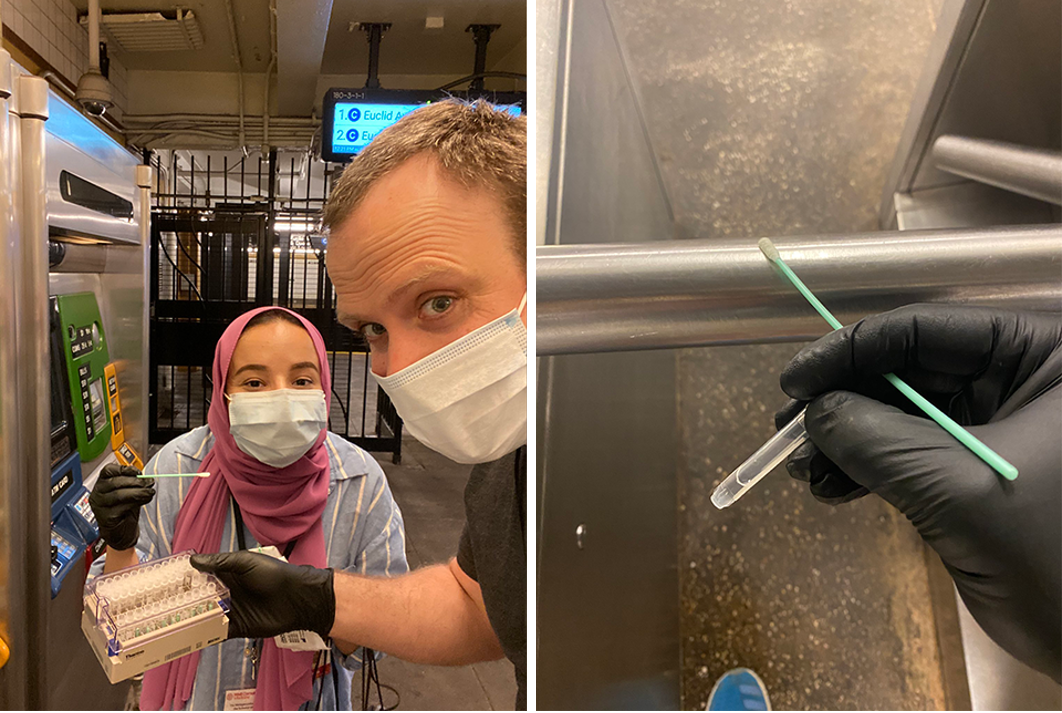 masked man and woman holding test tubes and subway turnstile being swabbed