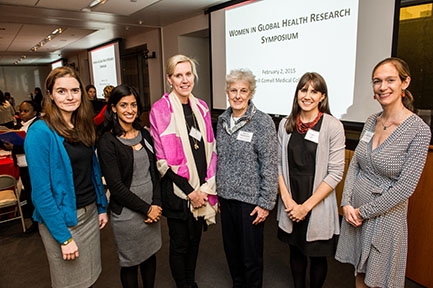 Symposium organizers pose for photos with Dr. Jeanne McDermott (fourth from left), program officer from the National Institutes of Health. From left, Dr. Kathryn Dupnik, Dr. Jyoti Mathad, Dr. Molly McNairy, Dr. McDermott, Lindsey Reif and Dr. Jennifer Dow