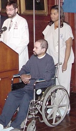 World Trade Center patient Donovan Cowan at the press conference at Weill Cornell Medical Center when he was released from the Burn Center.