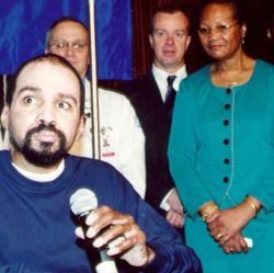 WTC survivor Donovan Cowan answers questions from the media about his painful experience. From left: Dr. Neal Flomenbaum, emergency physician-in-chief at NewYork Weill Cornell Medical Center; Jack Delaney, head of the Hospital's Emergency Services; and Mr