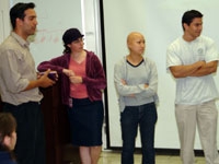 Medical students Alex Gomez, Tzivia Moreen, Carolyn Goh and Rafael Vazquez respond to audience's questions about the film.