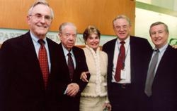 Cutting the ribbon at the ceremony of the Department of Medicine are Dr. Ralph Nachman, Dr. Rees Pritchett, Leona Helmsley, Dr. Herbert Pardes...
