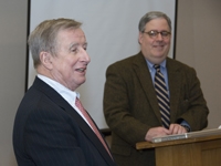 Dr. Antonio Gotto and Dr. Joseph Fins at the special medical ethics seminar on Feb. 3.
