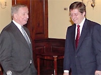 Dr. Antonio Gotto, dean of the Medical College, and Cornell University's 11th president, Jeffrey Lehman, at inaugural ceremonies at the Weill Cornell campus. Photo by Shonda Prince-Hall.