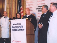 press conference celebrating Lt. Stephen Halliday's discharge from the Burn Center: Dr. Palmer Bessey and wife, Linda, Dr. Herbert Pardes...