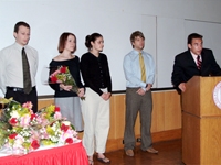First-year medical students (from left) Aaron Nagiel, Rebecca Burton, Adrienne Davis, Anthony Rossi, and Elan Diamond thank donors for their "tremendous sacrifice."