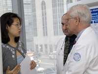 Crystal Hung discusses her study on fetal alloimmune thrombocytopenia with Drs. Michele Fuortes and Marcus Reidenberg