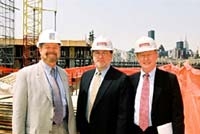 Weill Cornell "hard hats" at the June 25th topping-out ceremonies are (from left) Weill Cornell's Barry Duignan, senior director of Facilities Management; Steven Rosalie, associate provost; and Dr. Antonio Gotto, dean of the Medical College.