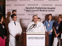 Drs. Philip Barie and John Boockvar update the press on the condition of Alcides Moreno
