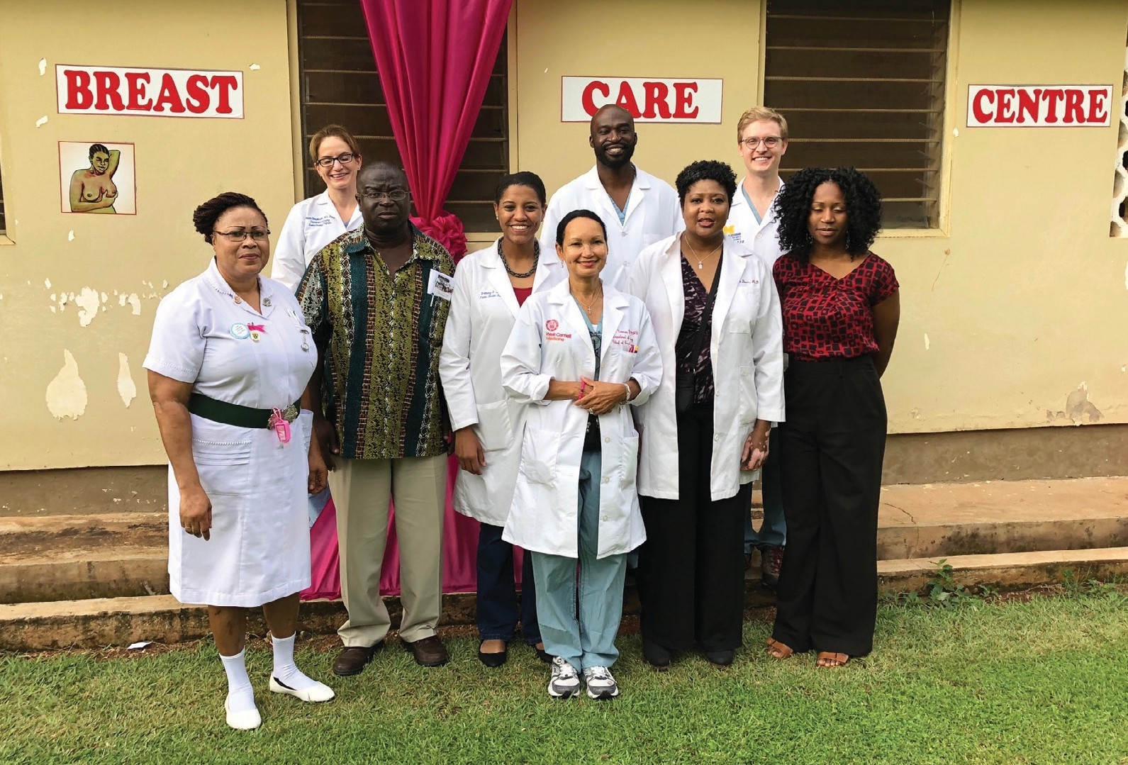 Dr. Newman (center) and Dr. Davis (third from right) in Ghana, where they’ve conducted research and Newman has done clinical work. Photo provided