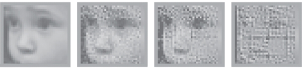 child's face seen in its original form (A), as it has been encoded by the new prostethic device (B), and how it is reconstructed from those signals and "seen" by the patient (C). D shows the same image reconstructed from the signal