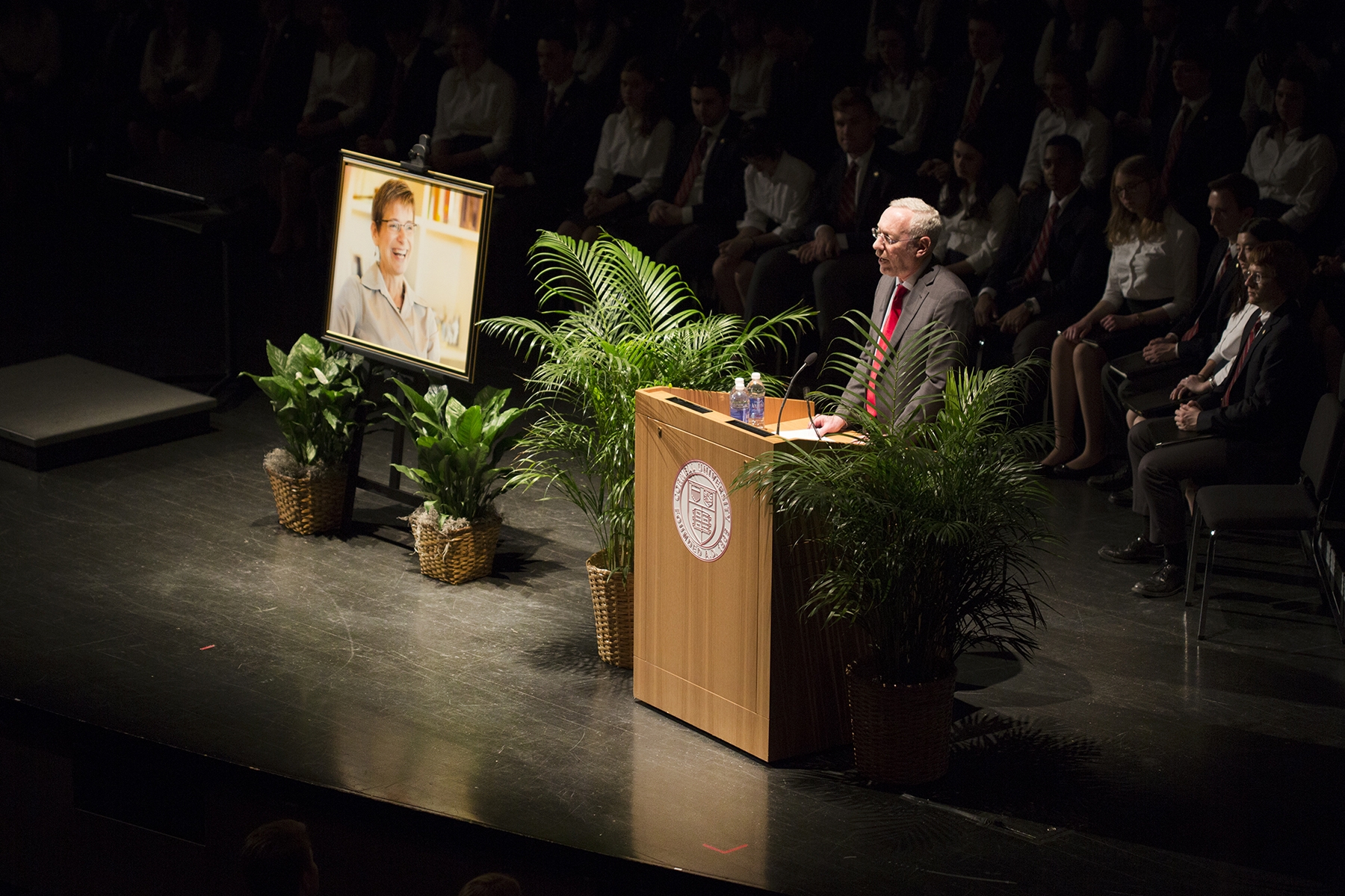 Provost and Acting President Michael Kotlikoff speaks at the memorial gathering for President Elizabeth Garrett. Michael Kotlikoff speaks at memorial for Elizabeth Garrett