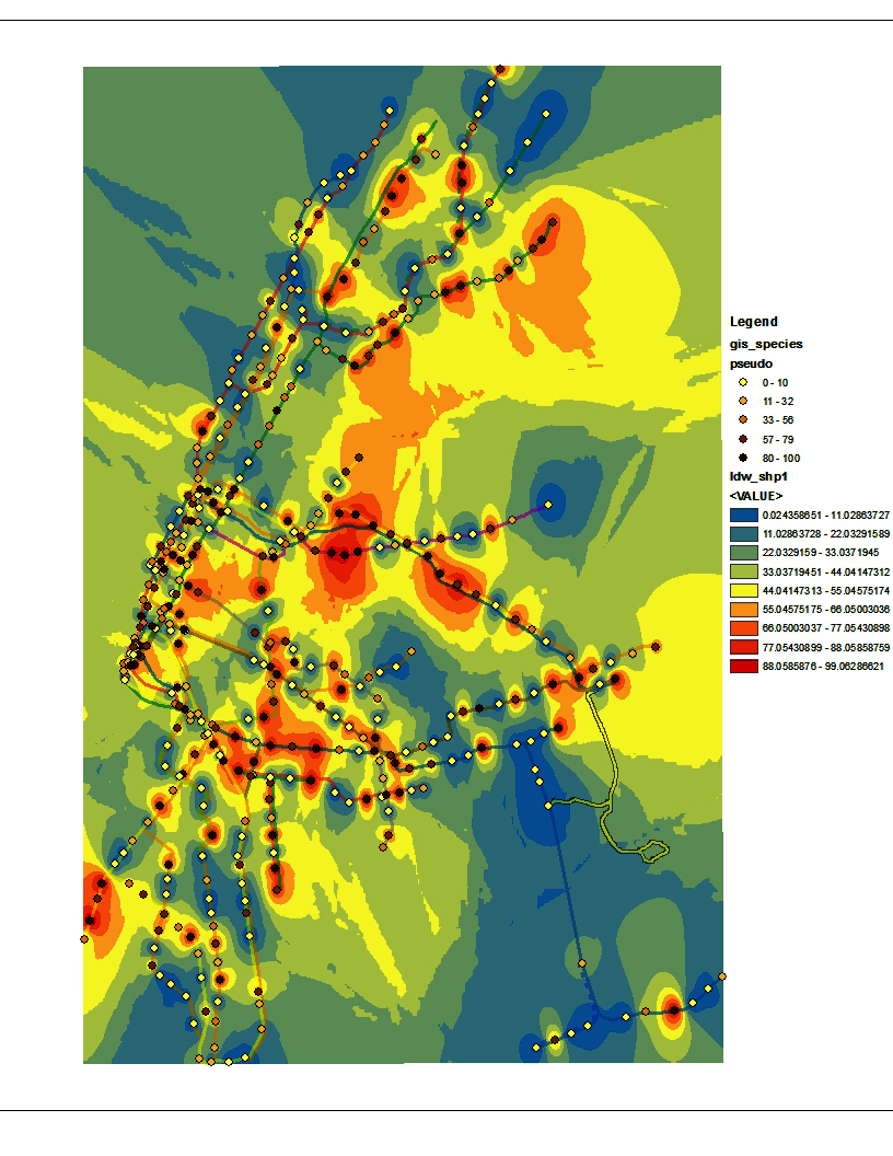 Heatmap of the Pseudomonas genus, the most abundant genus found across the city. Hotspots are found in areas of high station density and traffic (i.e. lower Manhattan and parts of Brooklyn).