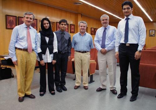 Conference director Dr. Rogelio Altisent, University of Zaragoza professor of bioethics; Sanah Sadiq; Arnab Chowdhury; Dr. Javier Castillo Garcia, dean of the University of Zaragoza Medical College; Dr. Pablo Rodriguez del Pozo, WCMC-Q associate professor