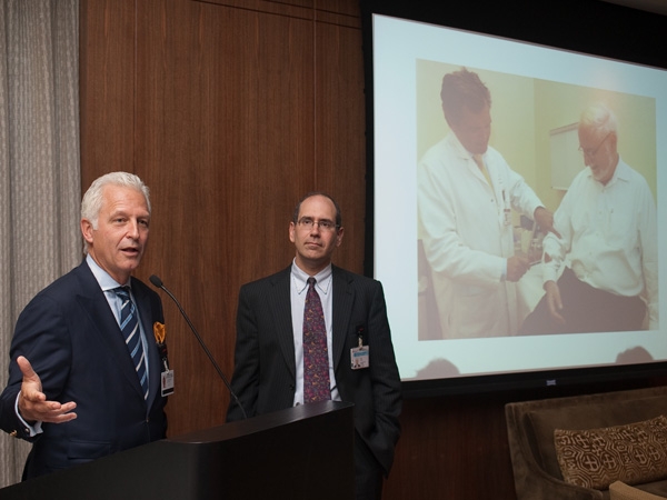 Drs. Philip Stieg and Joel Stein welcome the guests. Drs. Philip Stieg and Joel Stein