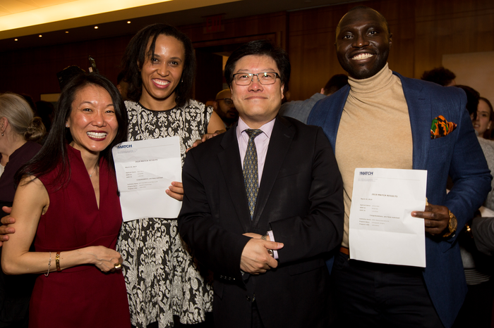 Ngozi Monu (second from left) and Joshua Adeji (right) celebrate their matches with Dr. Yoon Kang and Dr. Augustine M.K. Choi during Match Day on March 15, 2019. All photos: Ashley Jones. Click photo to view the full Match Day Flickr gallery.
