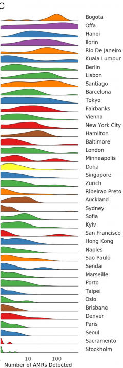graphs showing antimicrobial resistance gene prevalence and abundance in cities around the world